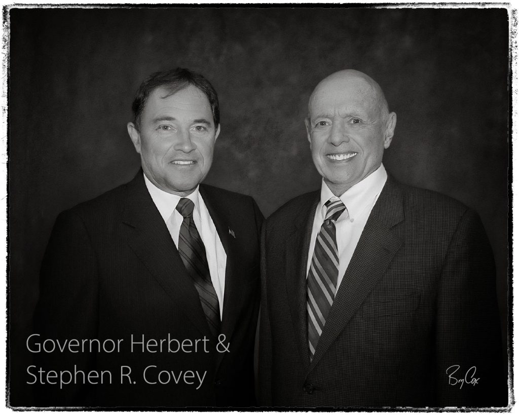 Governor Gary Herbert with Stephen R. Covey, portrait by Bry Cox