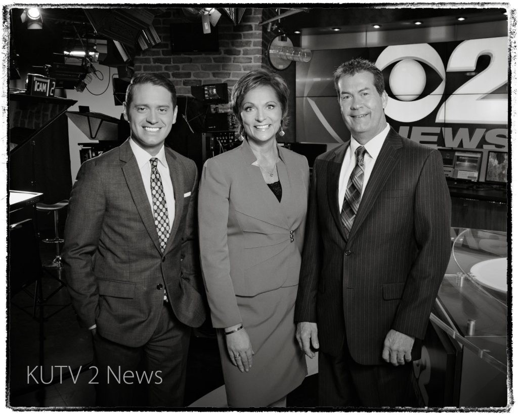 KUTV 2 News Morning Team Mary Nickles, Ron Bird, and Chase Thomason. Portrait by Bry Cox
